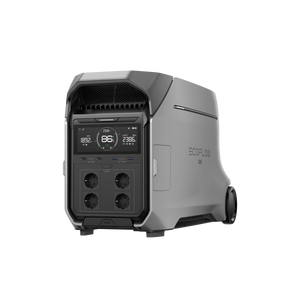Vista frontal de la EcoFlow DELTA Pro 3, destacando su pantalla LCD que muestra el estado de carga y la capacidad de energía
