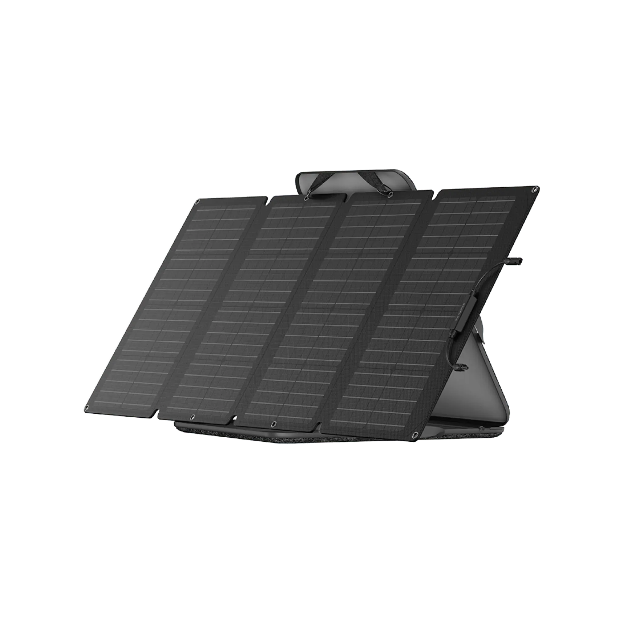 Panel Solar Portátil EcoFlow de 160 W Bifacial desplegado en un paisaje montañoso, capturando luz solar desde ambos lados para una mayor eficiencia