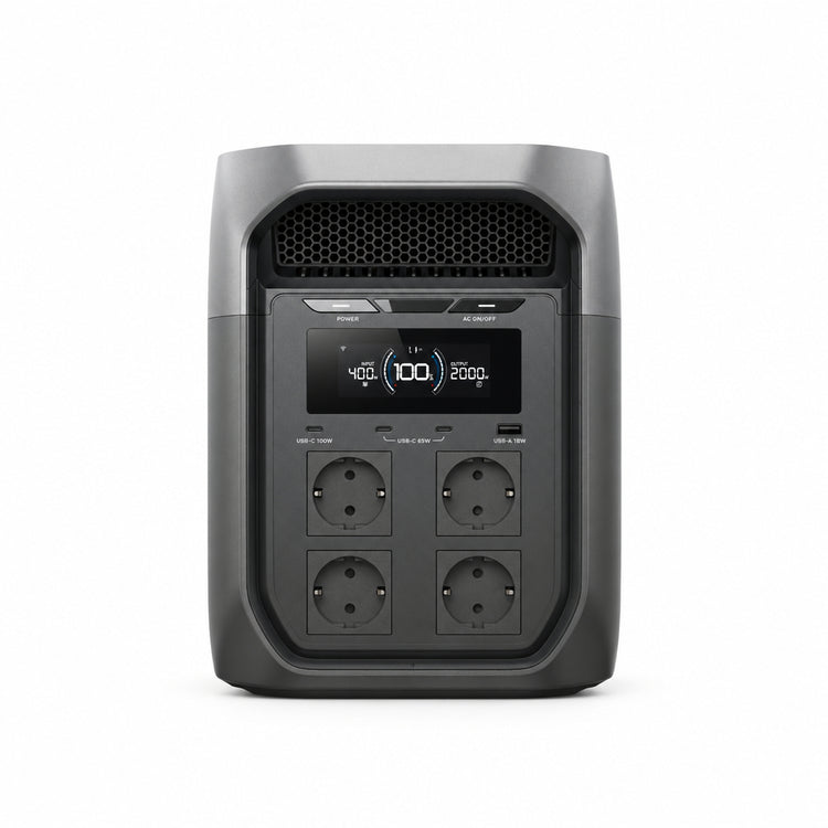 EcoFlow DELTA 3 Max estación de energía portátil de 2048Wh con múltiples puertos y pantalla digital frontal.