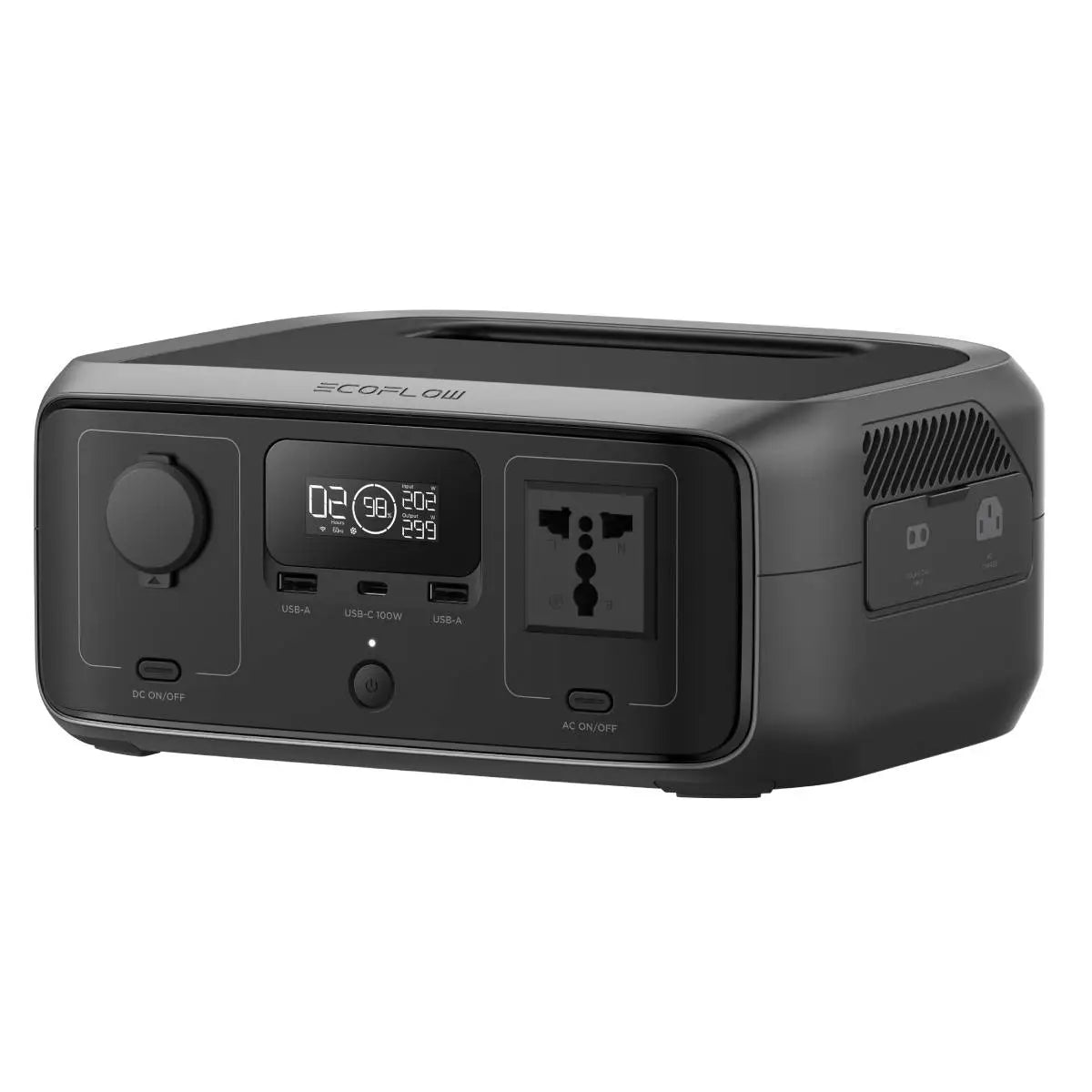 Vista frontal de EcoFlow RIVER 3 UPS con salida AC 300W y puertos USB para respaldo energético