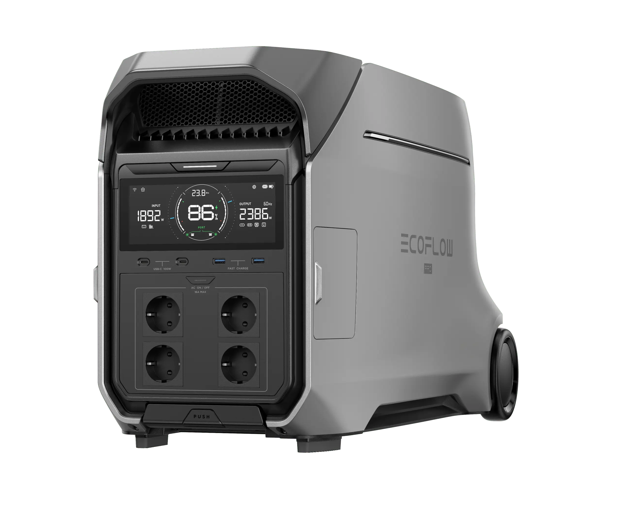Vista frontal de la EcoFlow DELTA Pro 3, destacando su pantalla LCD que muestra el estado de carga y la capacidad de energía