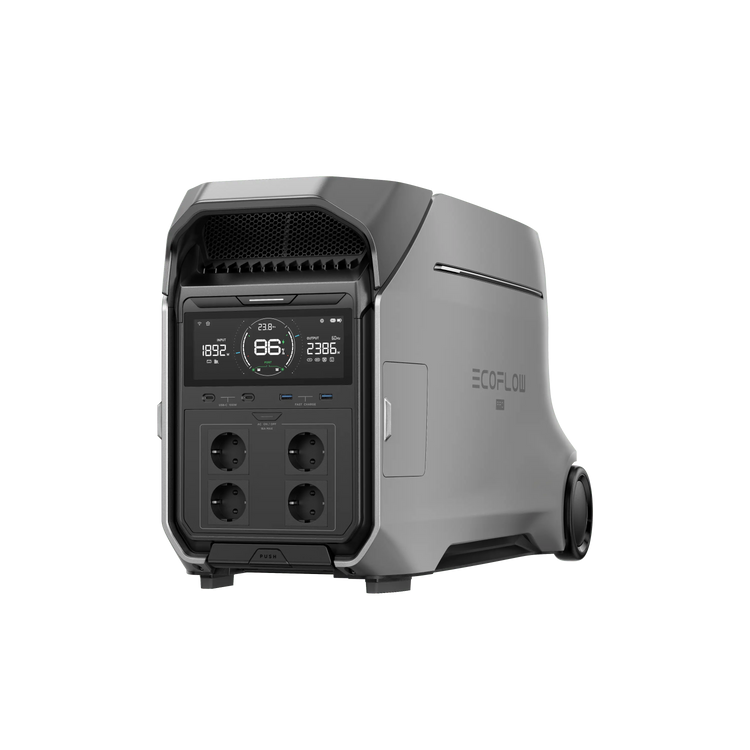 Vista frontal de la EcoFlow DELTA Pro 3, destacando su pantalla LCD que muestra el estado de carga y la capacidad de energía