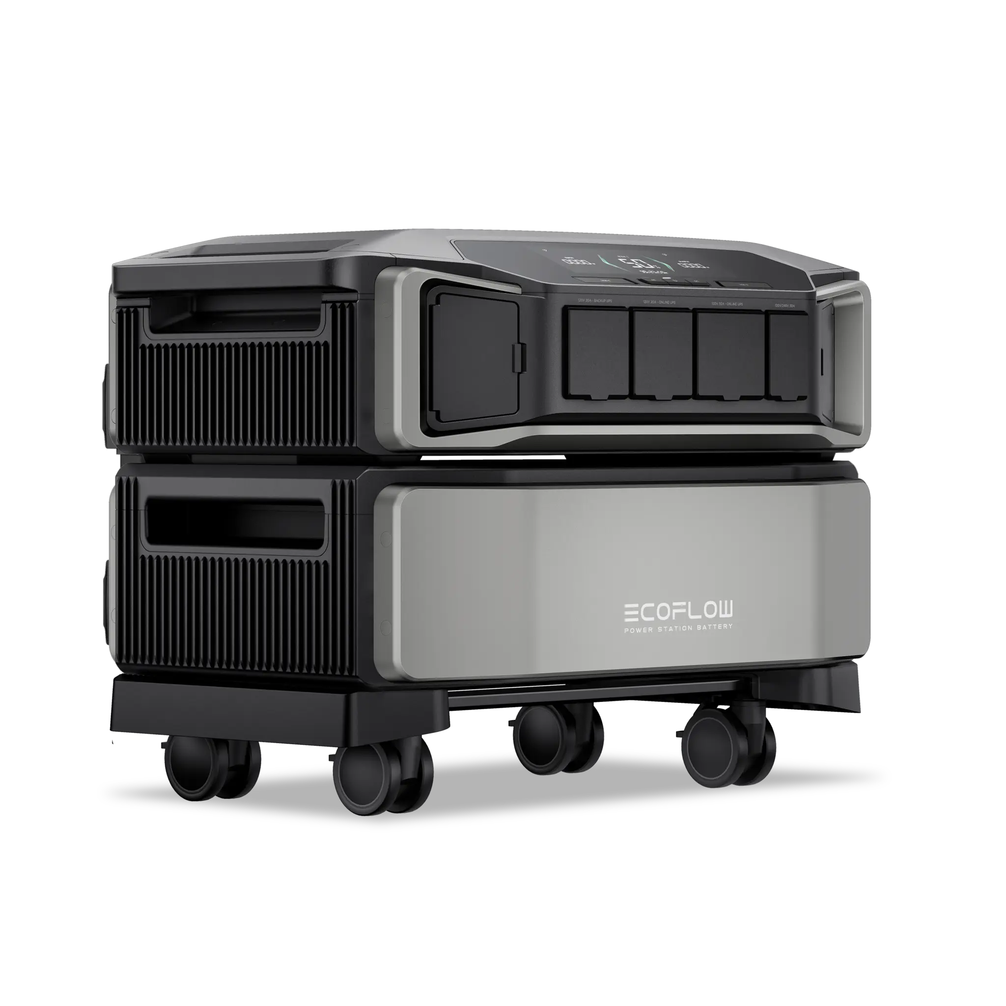 Vista lateral de la EcoFlow DELTA Pro Ultra, destacando sus múltiples puertos de salida, incluyendo USB-C, AC y carga solar.
