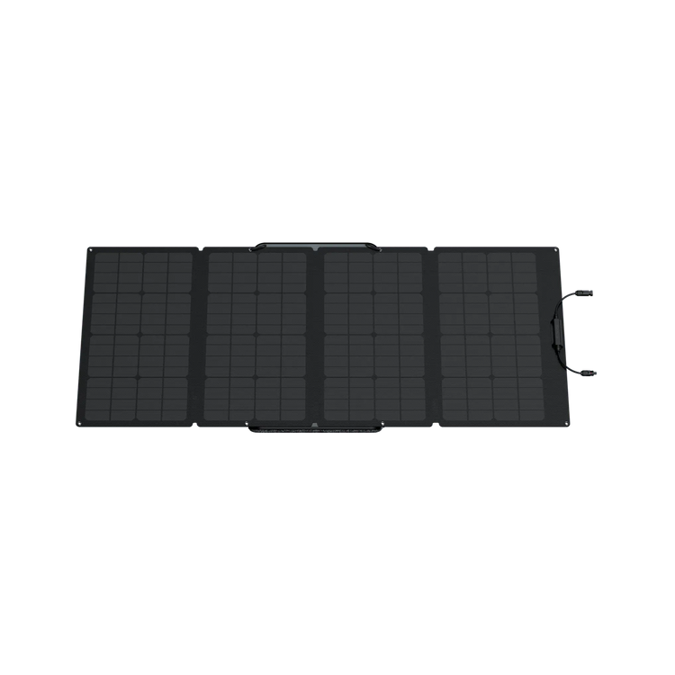 Panel Solar Portátil EcoFlow de 160 W Bifacial conectado a una estación de energía, demostrando su capacidad para generar energía sostenible en cualquier lugar.