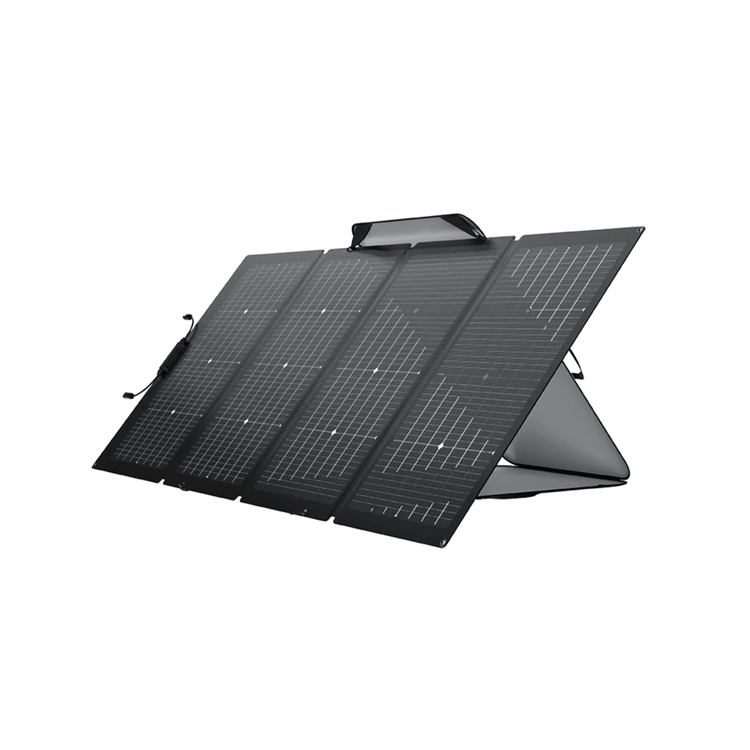 Panel Solar Portátil EcoFlow de 229 W desplegado en un campo abierto, capturando la luz solar para cargar dispositivos de manera eficiente.